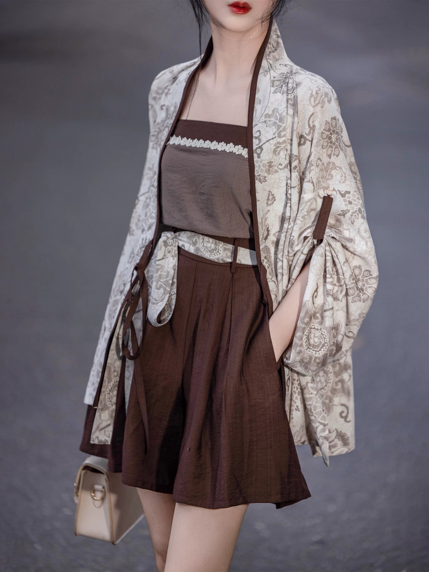 Elegant modern hanfu set floral wide sleeve cardigan robe with dark brown tube top mini skirt vintage streetwear chinese style for women side view