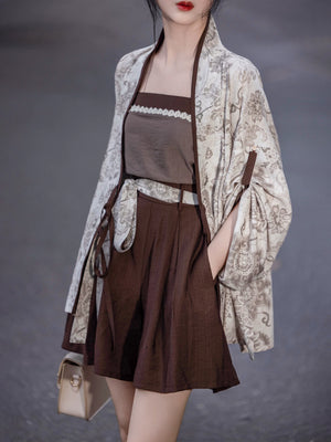 Elegant modern hanfu set floral wide sleeve cardigan robe with dark brown tube top mini skirt vintage streetwear chinese style for women side view