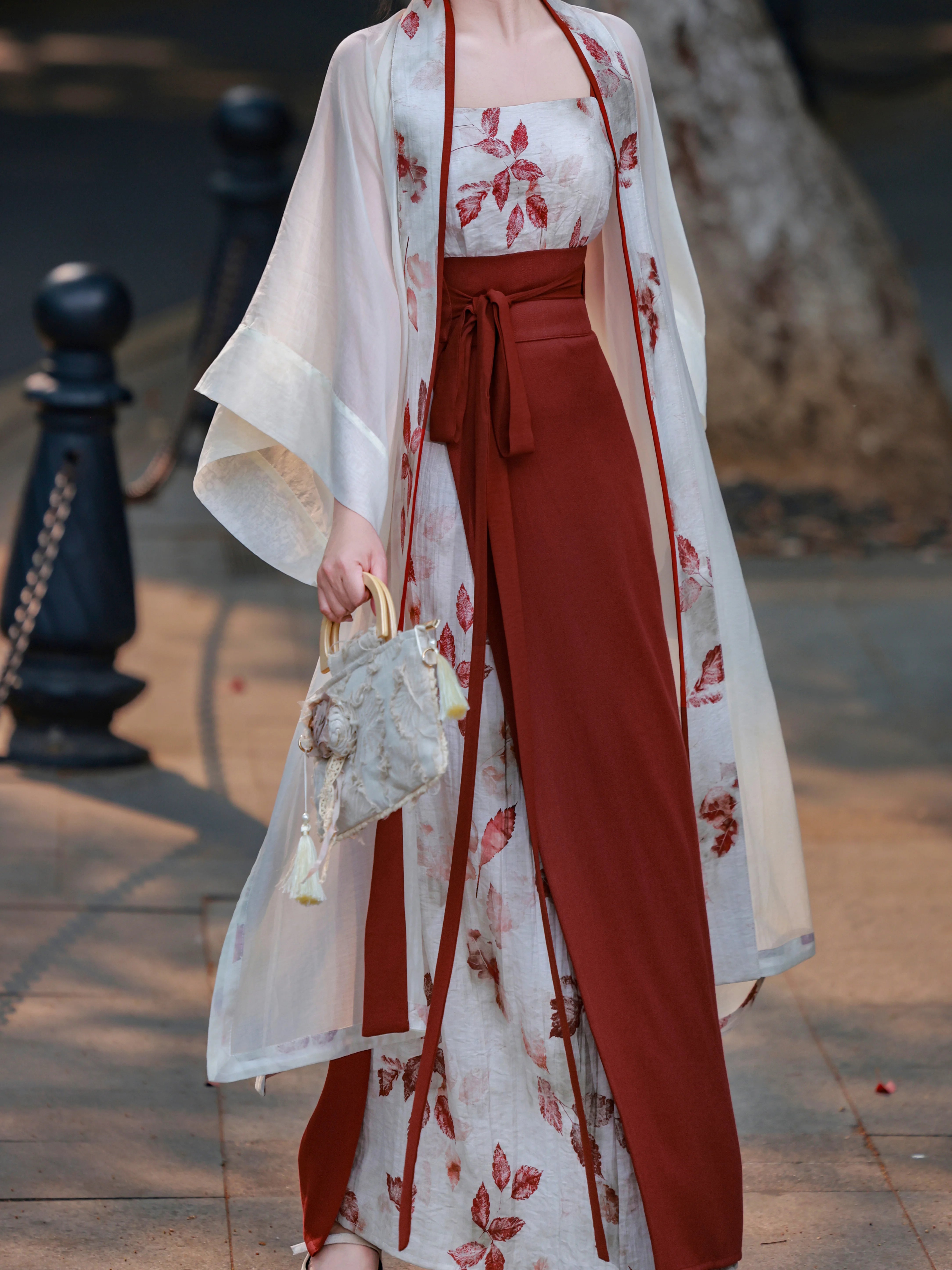 Elegant modern hanfu set white floral sheer wide sleeve robe with burgundy slip top and mamian skirt vintage street chinese style for women side view