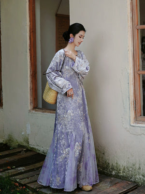 Elegant modern oriental heavy silk velvet dress beaded and sequined embroidered gown for formal events side view