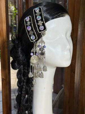 Elegant mongolian handmade modern hair accessories traditional ethnic hair clips with pearl and coral for women side view