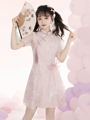 Elegant original chinese brand peach blossom cheongsam han element lace short sleeved tassel sweet fairy dress for girls side view