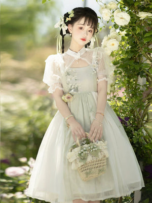 Elegant original chinese lolita style dress lily sweet cal short sleeved gown with traditional chinese elements side view