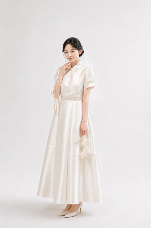 Elegant Pearl Satin Bridal Modern Hanbok Gown | Women's White Hanbok Wedding Dress for Wedding Bride