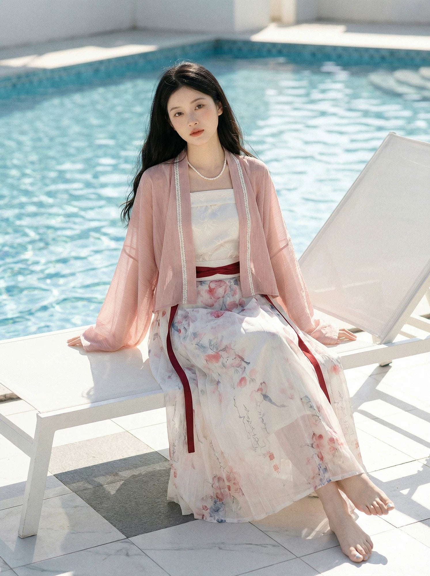 Elegant ping anshun li xiaolu shuiming improved hanfu yarn horse skirt with summer bird watercolor print for daily wear side view