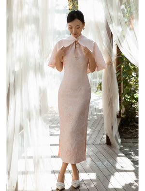 Elegant pink cheongsam wedding dress new chinese style shawl two piece set bridal gown for engagement morning robe side view