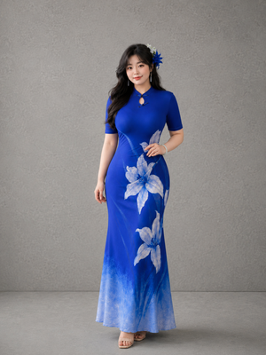 Elegant plus size cheongsam blue lily print long cheongsam short sleeve mandarin collar qipao for curvy women side view