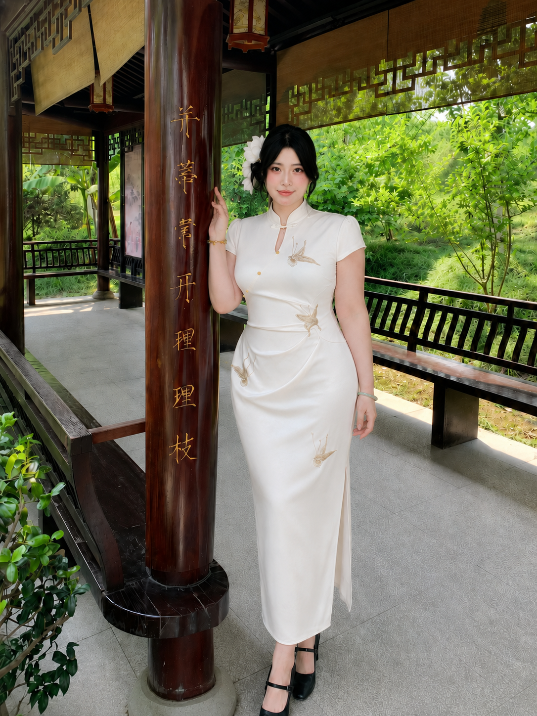 Elegant plus size cheongsam qipao white jacquard short sleeve slim midi dress with mandarin collar side slit elegant garden style for women side view