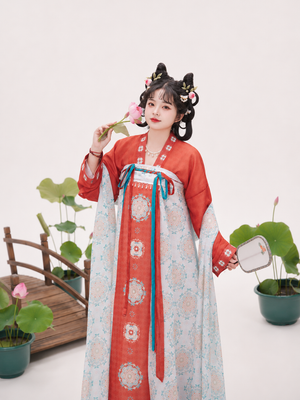 Elegant plus size hanfu red tang dynasty round collar robe with white sheer wide sleeve cape and blue green mamian skirt gold floral court style for women side view