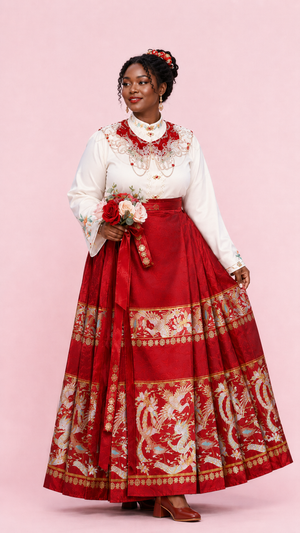 Elegant plus size mamian skirt set red gold phoenix embroidered mamian skirt with white long sleeve top chinese wedding toast dress for women side view