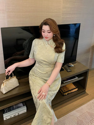 Elegant plus size mandarin collar qipao modern chinese jacquard dress with stylish cut out accents standing front