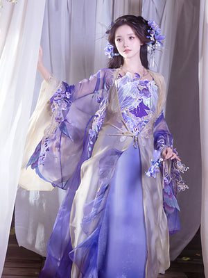 Elegant purple butterfly embroidery hanfu set sheer gradient robe with maxi skirt traditional chinese dress for women side view