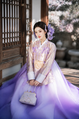 Elegant purple mist floral hanbok gilded jacquard top with ombre tulle skirt for outdoor photography side view