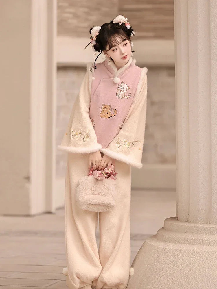 Elegant raccoon embroidered hanfu vest set short new chinese vest with lantern pants and qipao skirt for cold season side view
