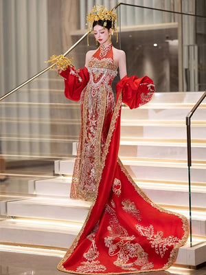 Elegant red east west fusion gown mermaid tail silhouette with traditional mandarin collar design side view
