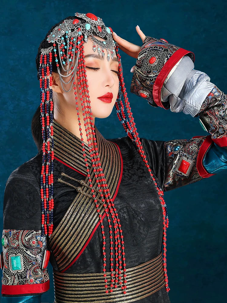 Elegant red mongolian traditional fringed headpiece high end performance hair accessories for ethnic dance side view