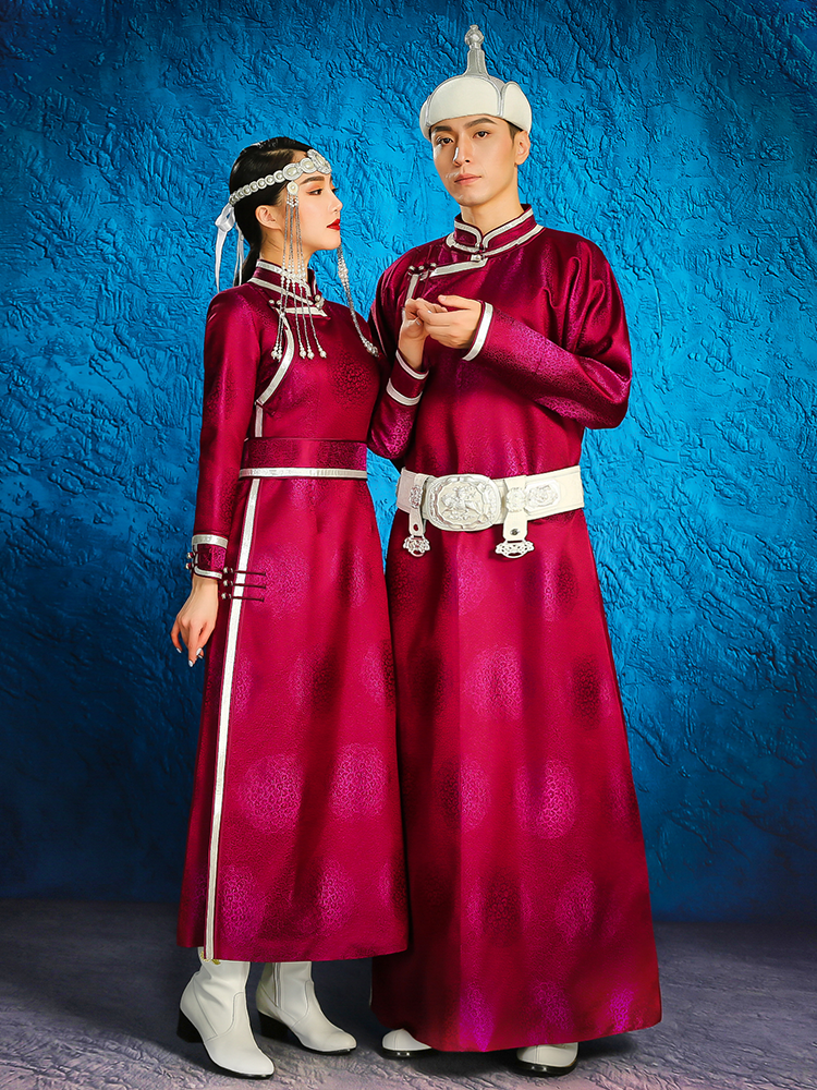 Elegant rose red couple mongolian wedding robe traditional dress set for bride and groom wedding day side view