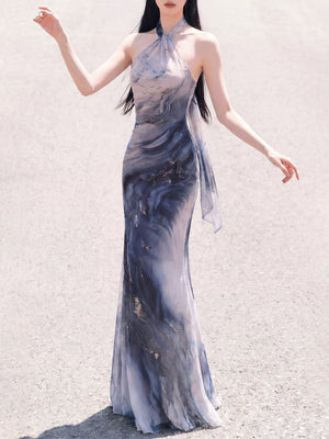 Elegant sea blue ocean tide knitted dress strap shoulder cut long fish tail versatile vacation waist femininity for women side view