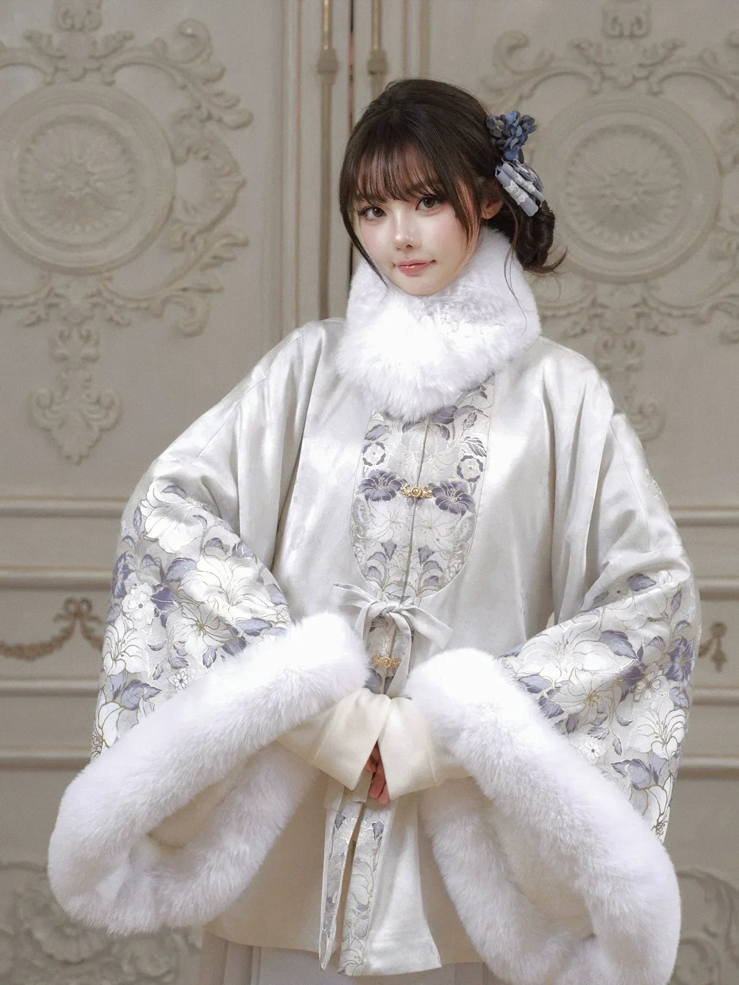 Elegant snowlit clouds ming style hanfu set winter fur lined cross front jacket with traditional ma mian skirt side view