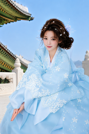 Elegant spring letter cherry blossom cotton candy hanbok girl limited edition traditional korean dress for kids side view