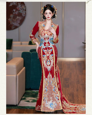 Elegant trailing bridal cheongsam new chinese luxury wedding dress bridal gown for ceremony side view