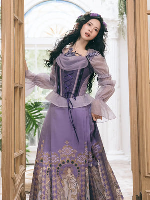 Elegant violet nocturne brocade hanfu set gold woven mamian skirt with matching corset top side view