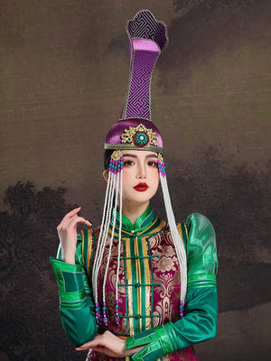 Elegant women mongolian green robe dress high end ethnic vest for dance performance photography catwalk wedding etiquette side view