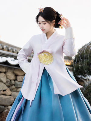 Elegant women white ruqun teal gradient mamianqun hanbok set for daily and photoshoot wear side view