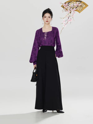 Elegant wood carving window grilles ming hanfu set horse dress square collar shirt half turtleneck sweater skirt suit side view