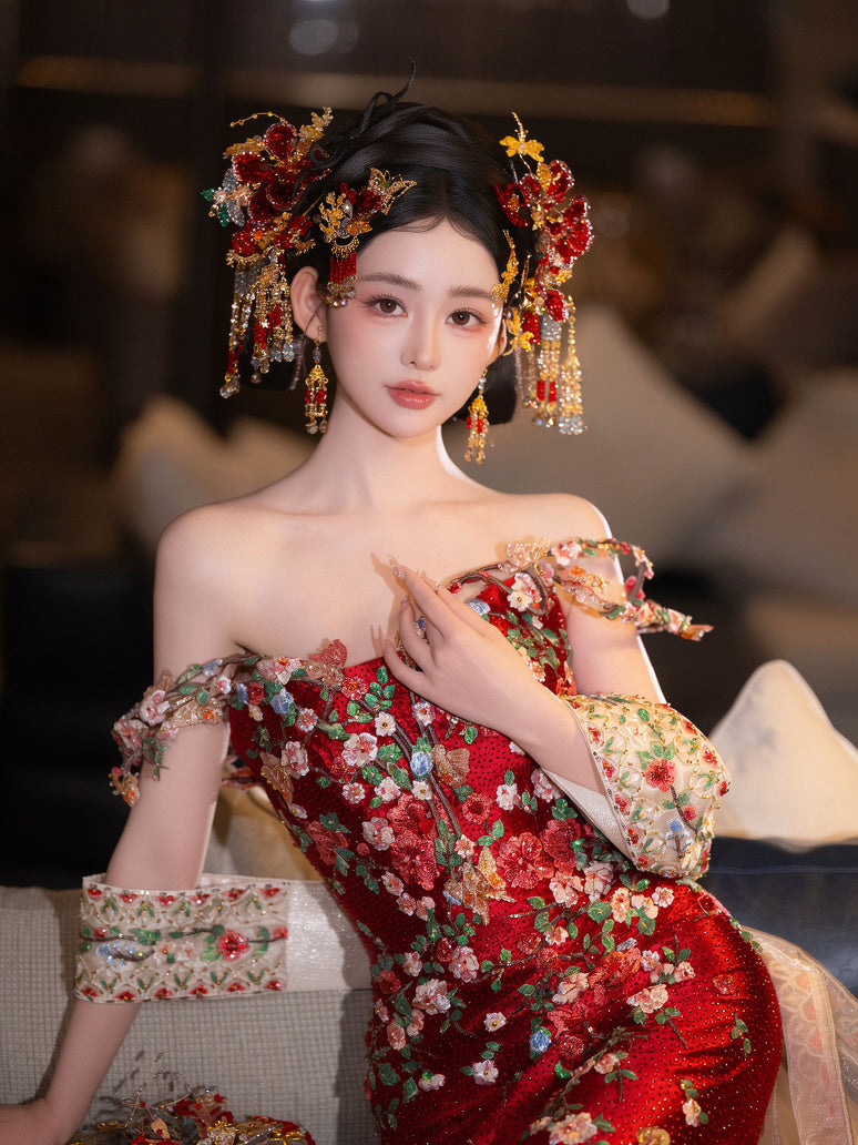 Xiuhe headdress red gold versatile cheongsam morning robe new Chinese Yandan_Hanfu Xiuhe headdress red gold versatile cheongsam morning robe new Chinese Yandan_Hanfu