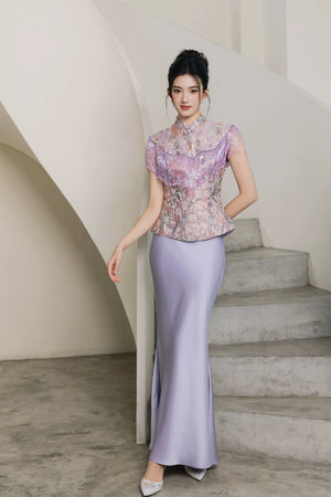Elegant yanzi new chinese cheongsam purple jacquard vest engagement morning gown dress for women side view