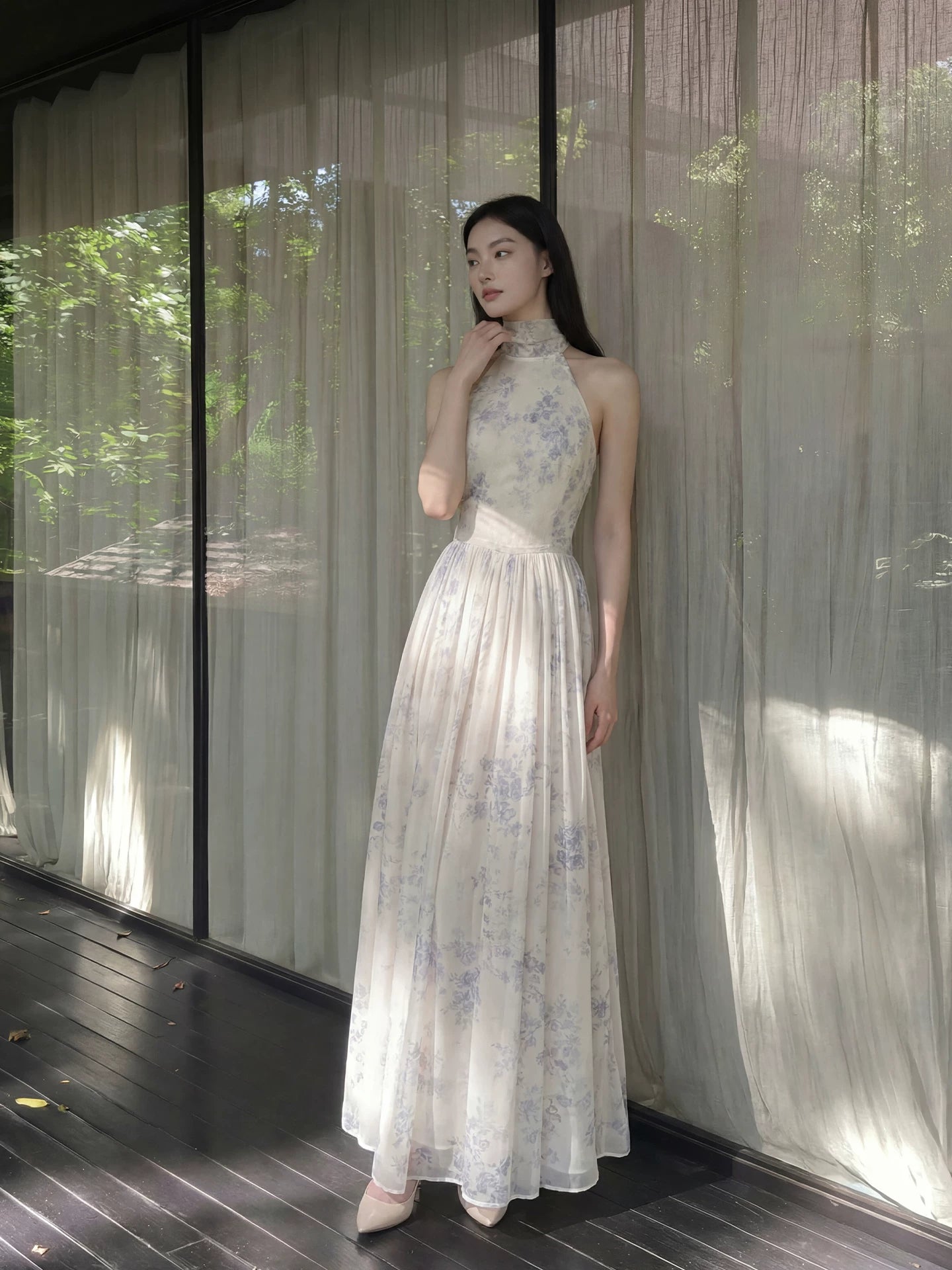 Elegant yarn fog blue white new chinese dress two way wear floating yarn shawl long gown for women side view