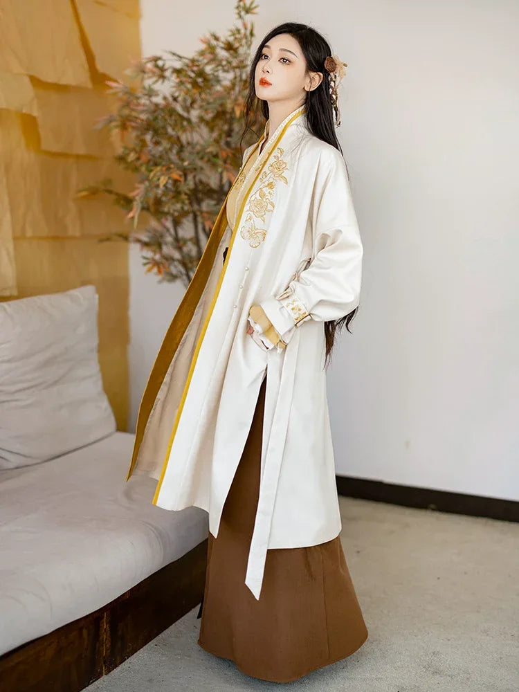 Elegant yellow rose new chinese coat song inspired everyday hanfu outerwear with flowing sleeve dress side view