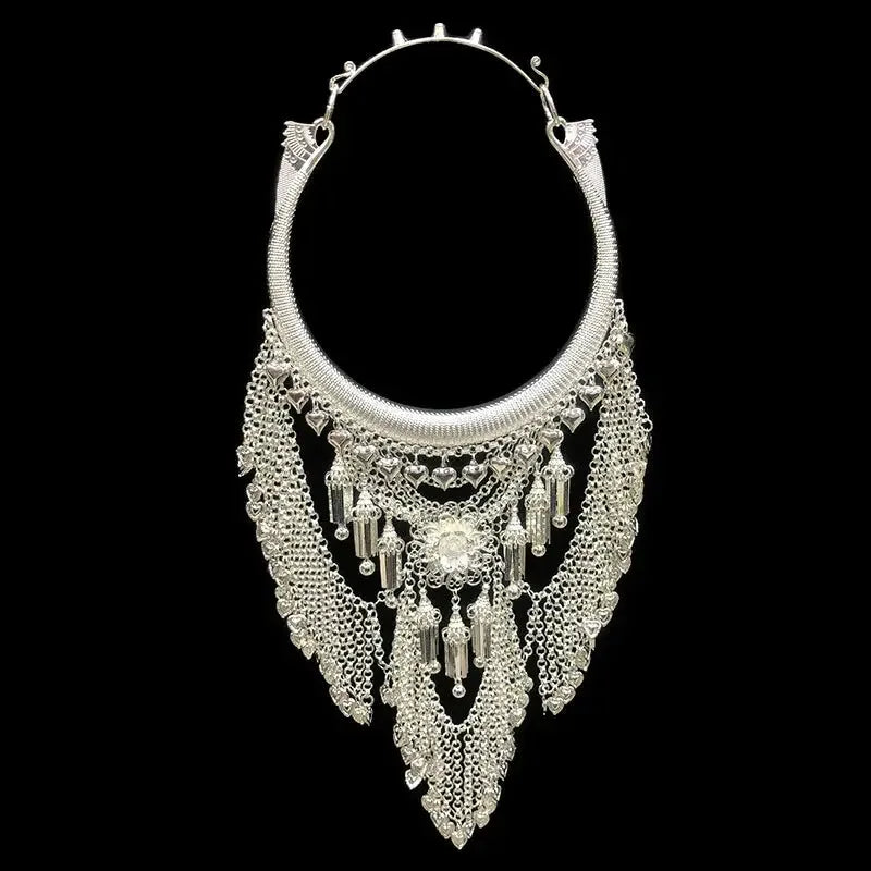 Elegant yunnan ethnic style miao pendant necklace exaggerated large collar miao silver jewelry for performance side view