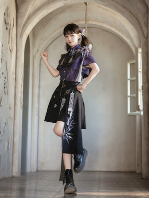 Dark purple lolita hanfu black pu asymmetric skirt with sheer ribbon gothic streetwear style set for women back view
