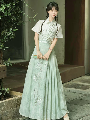 Embroidered summer hanfu set green short sleeve and horse face skirt