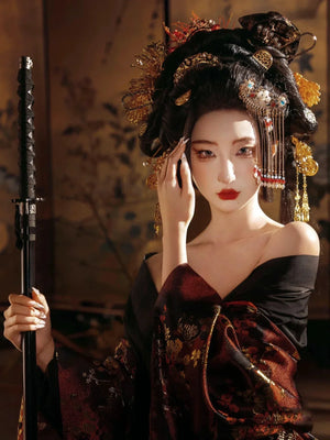 Exotic black long robe hanbok korean set for photoshoots stage yanjian inspired style