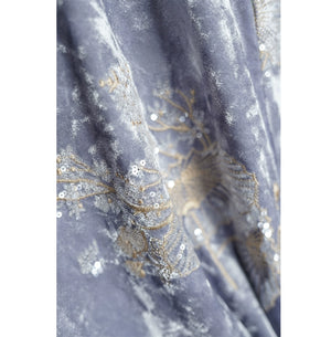 Exquisite modern oriental silk velvet dress heavy fabric with intricate bead and sequins embroidery detail full length view