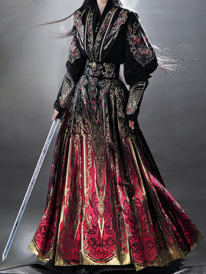 Exquisite red gold brocade horse face hanfu luxury chinese embroidered traditional skirt ensemble full length view