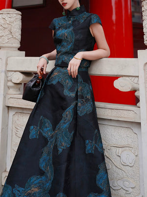 Fengluan jinlin new chinese cheongsam set chengyu haute couture silk gilt embroidered top skirt