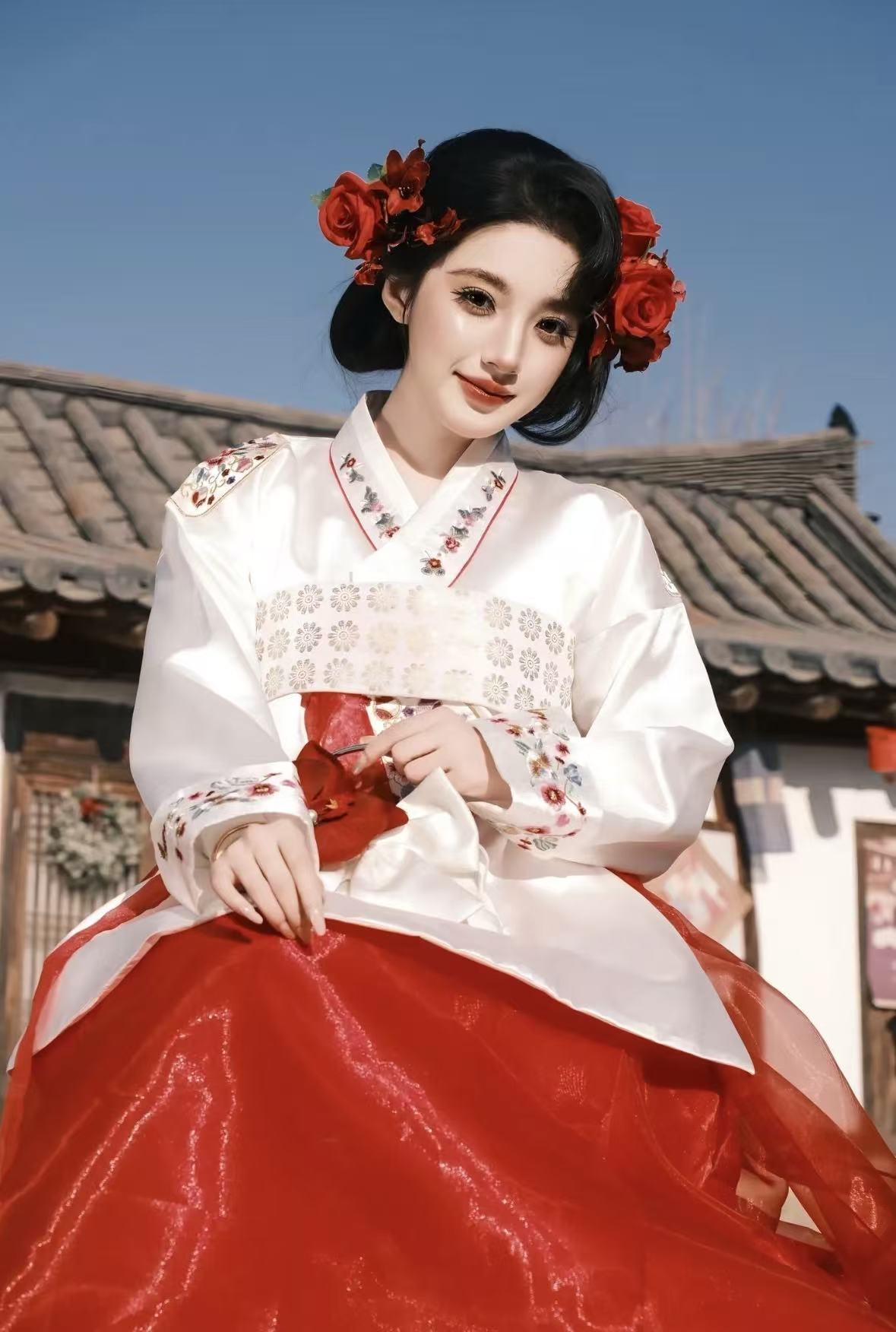 Floral embroidery red hanbok korean traditional one size dress