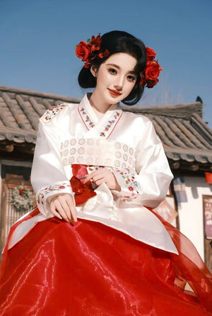 Floral embroidery red hanbok korean traditional one size dress