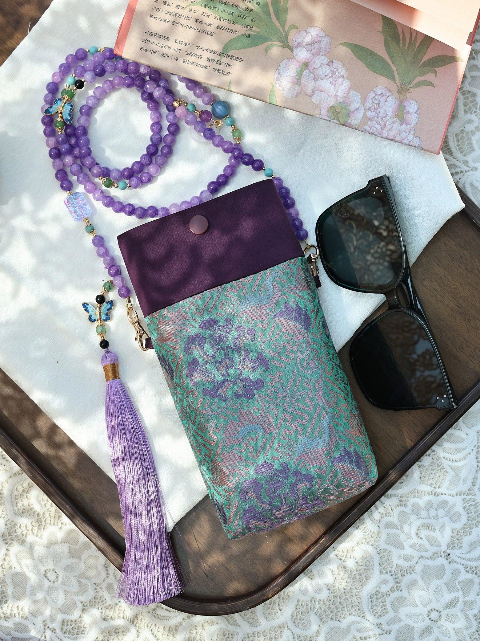 Floral Motif Bag | Color-Block Canvas Crossbody with Beaded Strap - Yandan_Hanfu