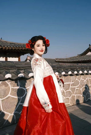 Floral red traditional hanbok korean one size dress