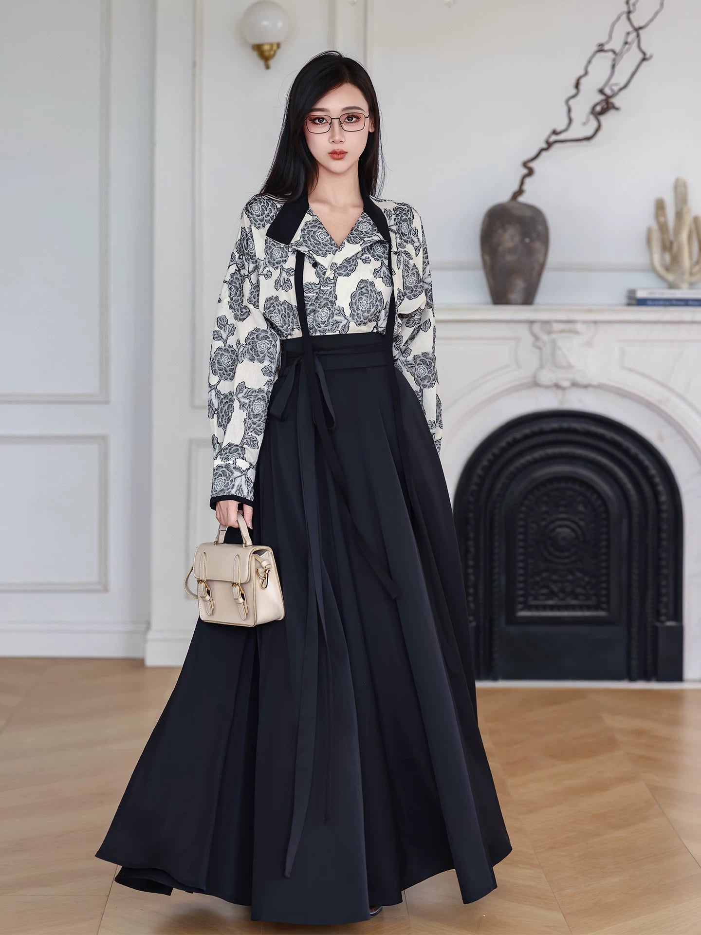 Flower branch ink hanfu set cotton linen stand collar shirt with black 6m pleated skirt tang inspired for women front view