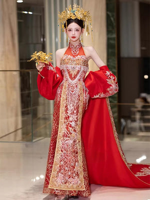 Fusion style red gown mermaid tail skirt and chinese mandarin collar for women special occasion standing front