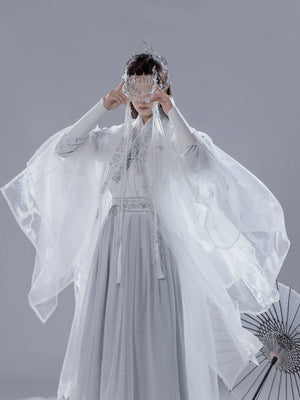 Fuso unisex wei jin style hanfu white grey embroidered suit set