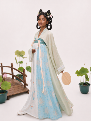Gold floral court style plus size hanfu red tang dynasty round collar robe and white sheer wide sleeve cape with blue green mamian skirt for curvy women fabric and floral detail