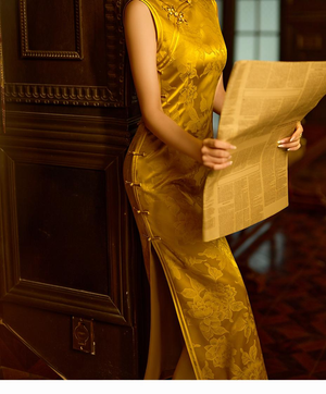Golden yellow satin cheongsam sleeveless slim maxi dress with floral brooch vintage elegant style qipao for women back view