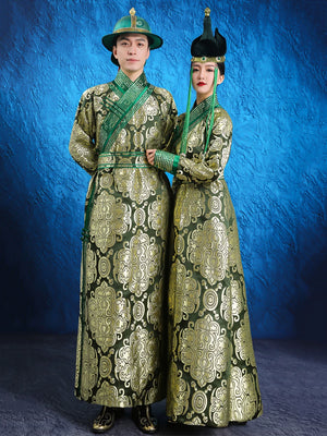 Green ethnic mongolian wedding robe set parent child matching dress and couple outfit for formal wedding back view